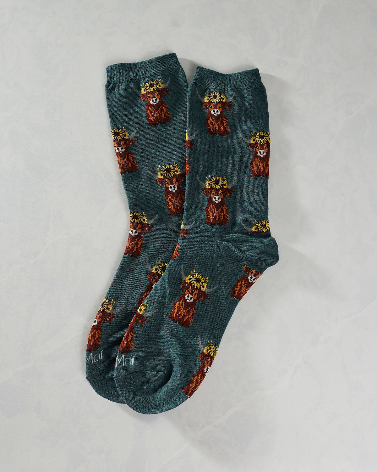 Teal Combo - Sunflower Highland Cow Bamboo Crew Sock - Infinity Classics International Inc.