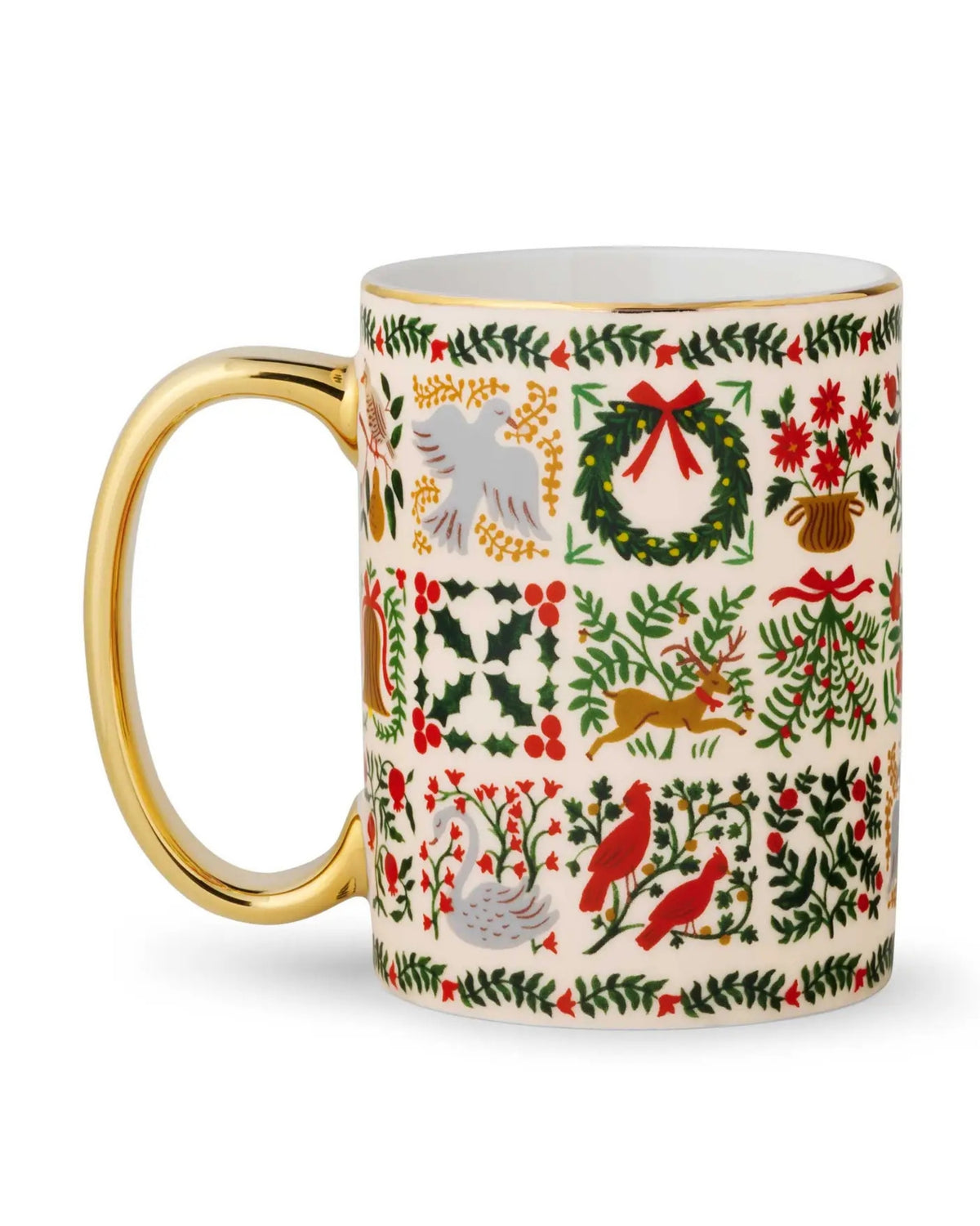 White Christmastide mug with a gold handle and colorful holiday illustrations around the exterior.