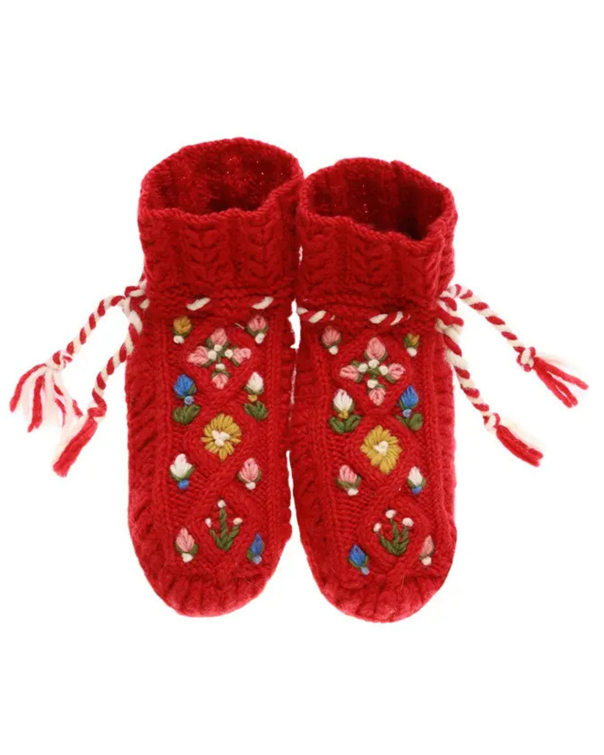 Pair of red handknit slippers with embroidered flowers and side ties.