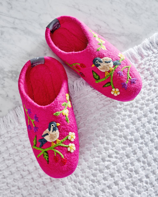 French Knot X PF - Bird & Blossom Slippers - Fuchsia Berry - Printfresh