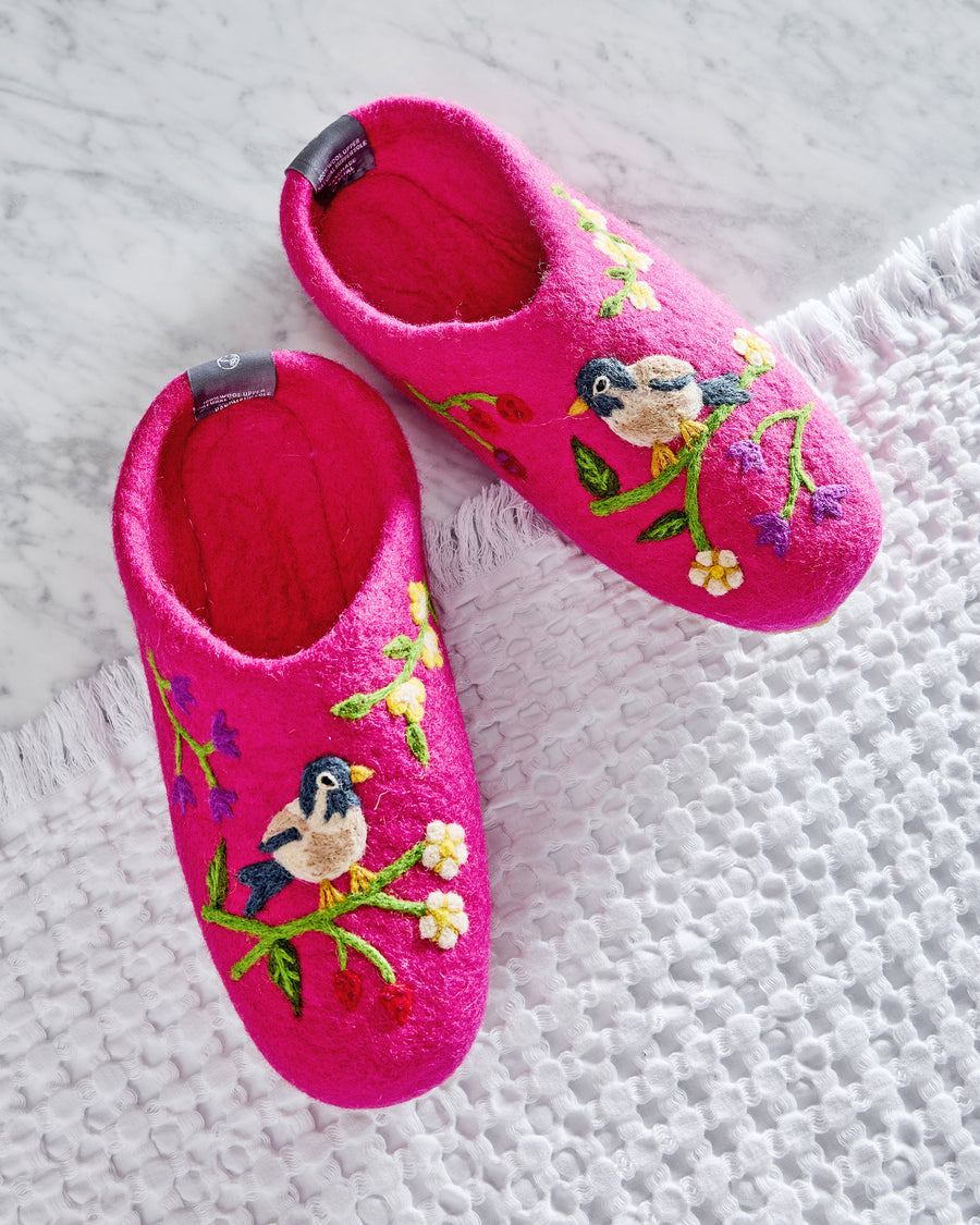 French Knot X PF - Bird & Blossom Slippers - Fuchsia Berry - Printfresh