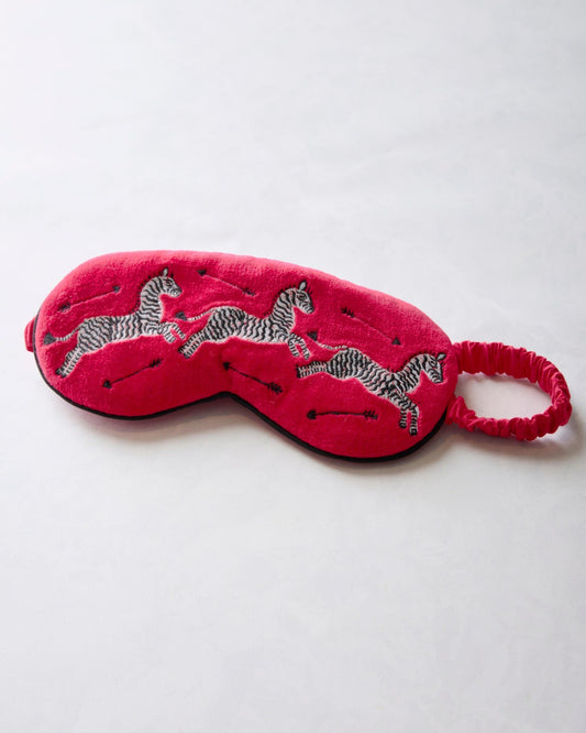 Zebras - Embroidered Velvet Eye Mask - Masai Red