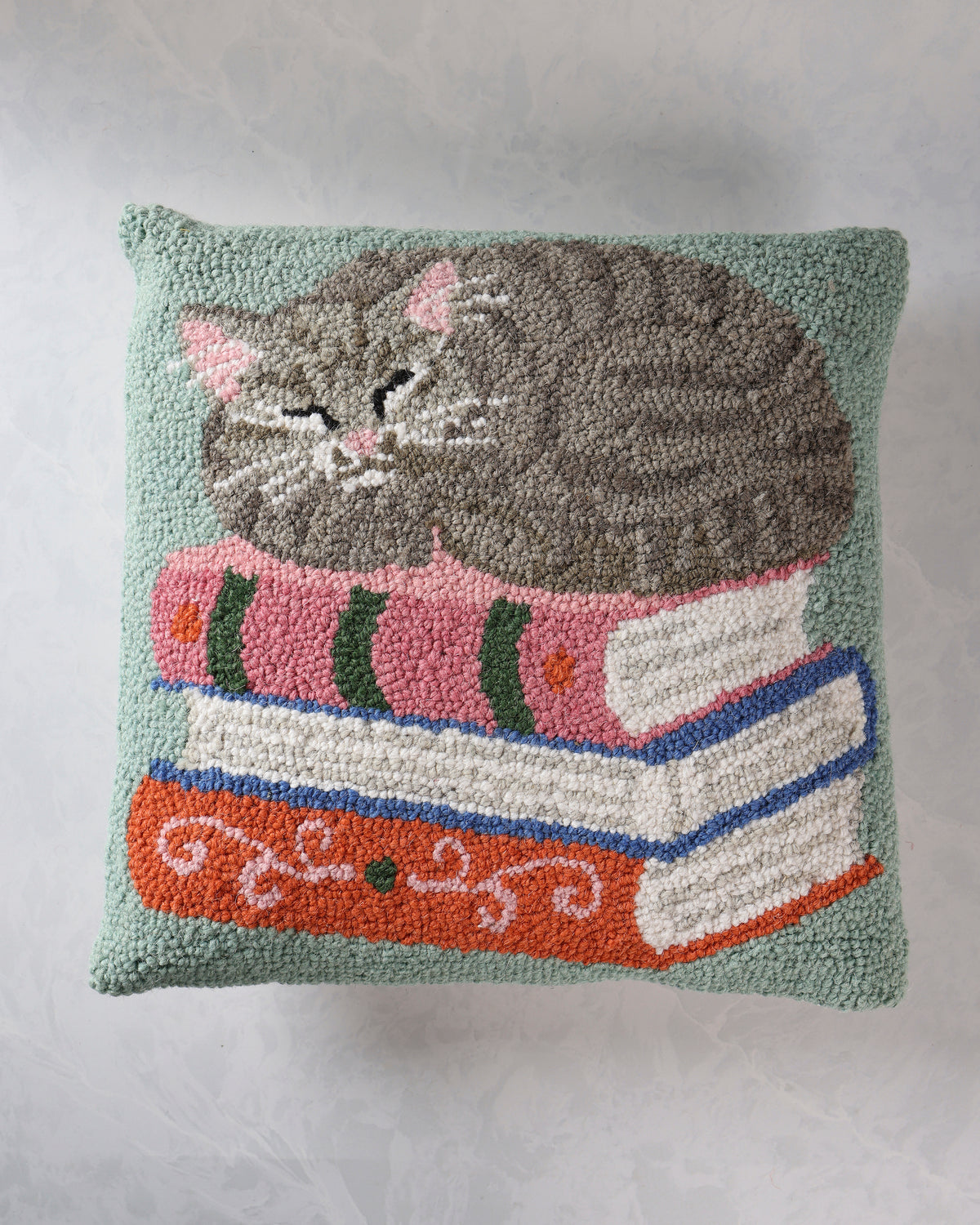 Square hooked pillow with a sleeping gray cat curled on top of three illustrated books against a seafoam background.