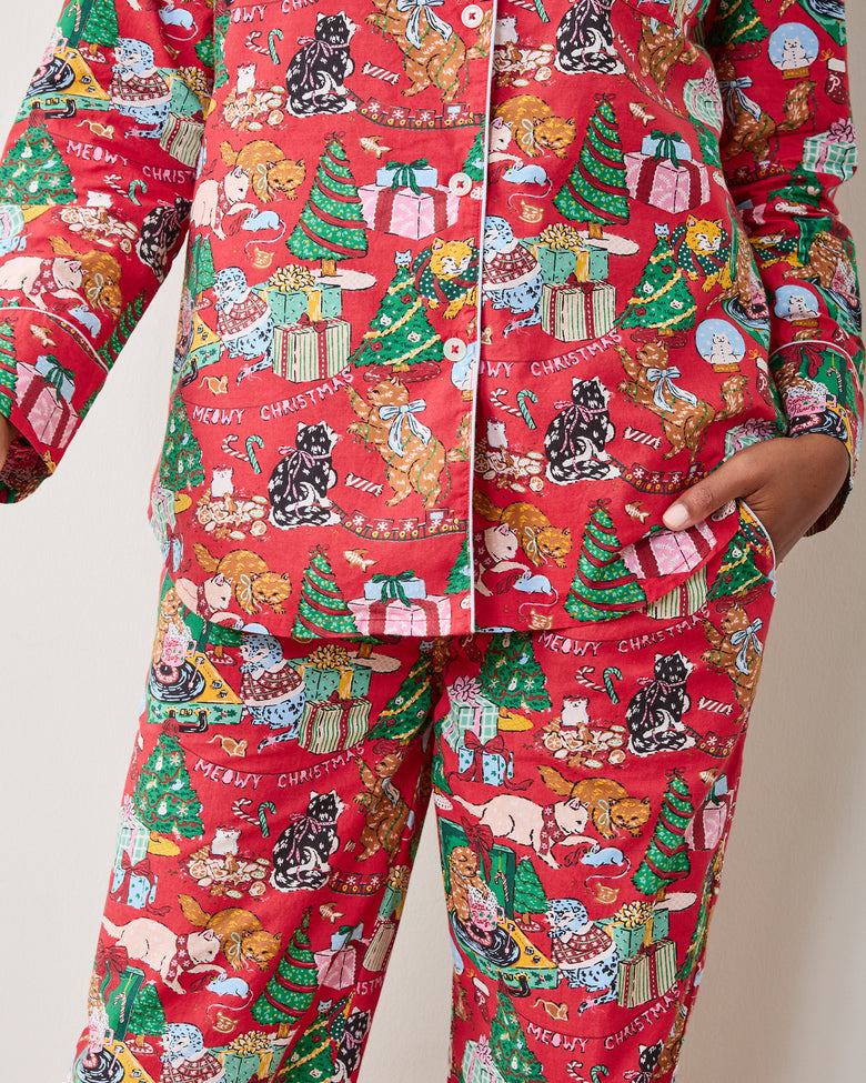 Meowy Christmas - Long PJ Set - Red Bow - Printfresh