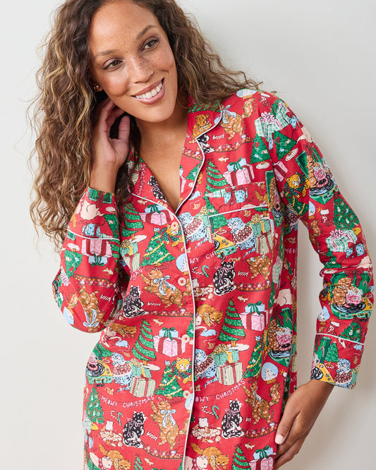 Meowy Christmas - Long PJ Set - Red Bow - Printfresh