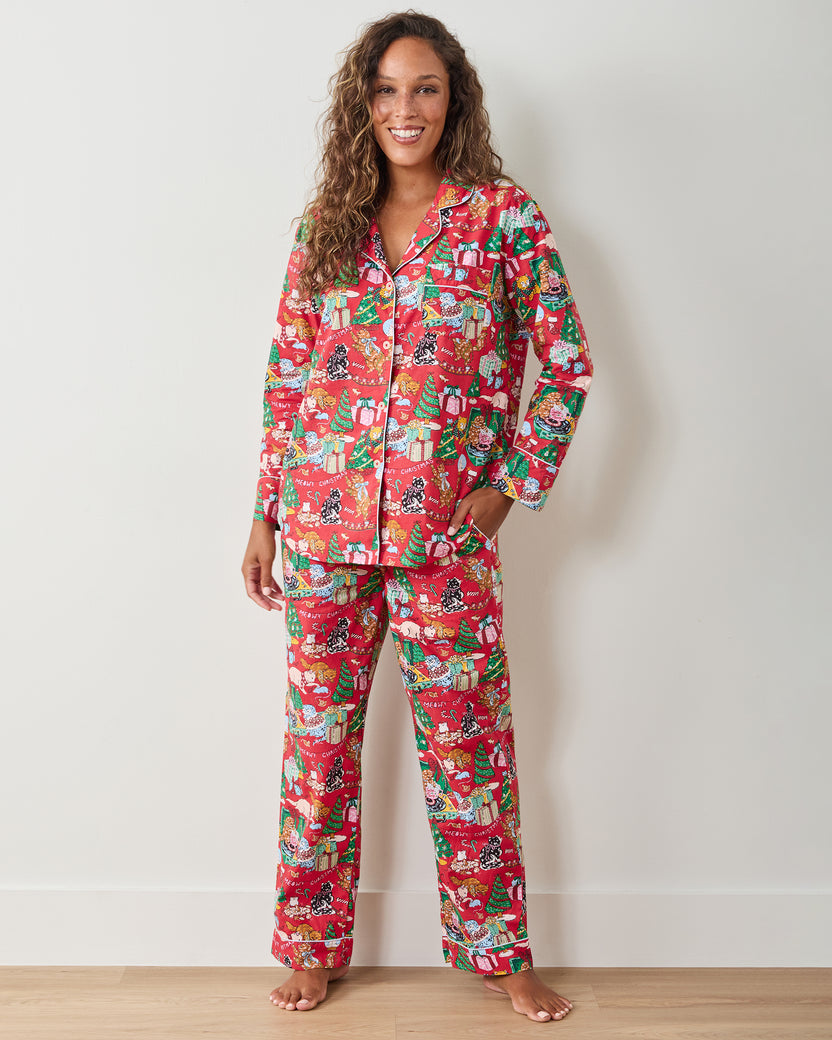 Meowy Christmas - Long PJ Set - Red Bow - Printfresh