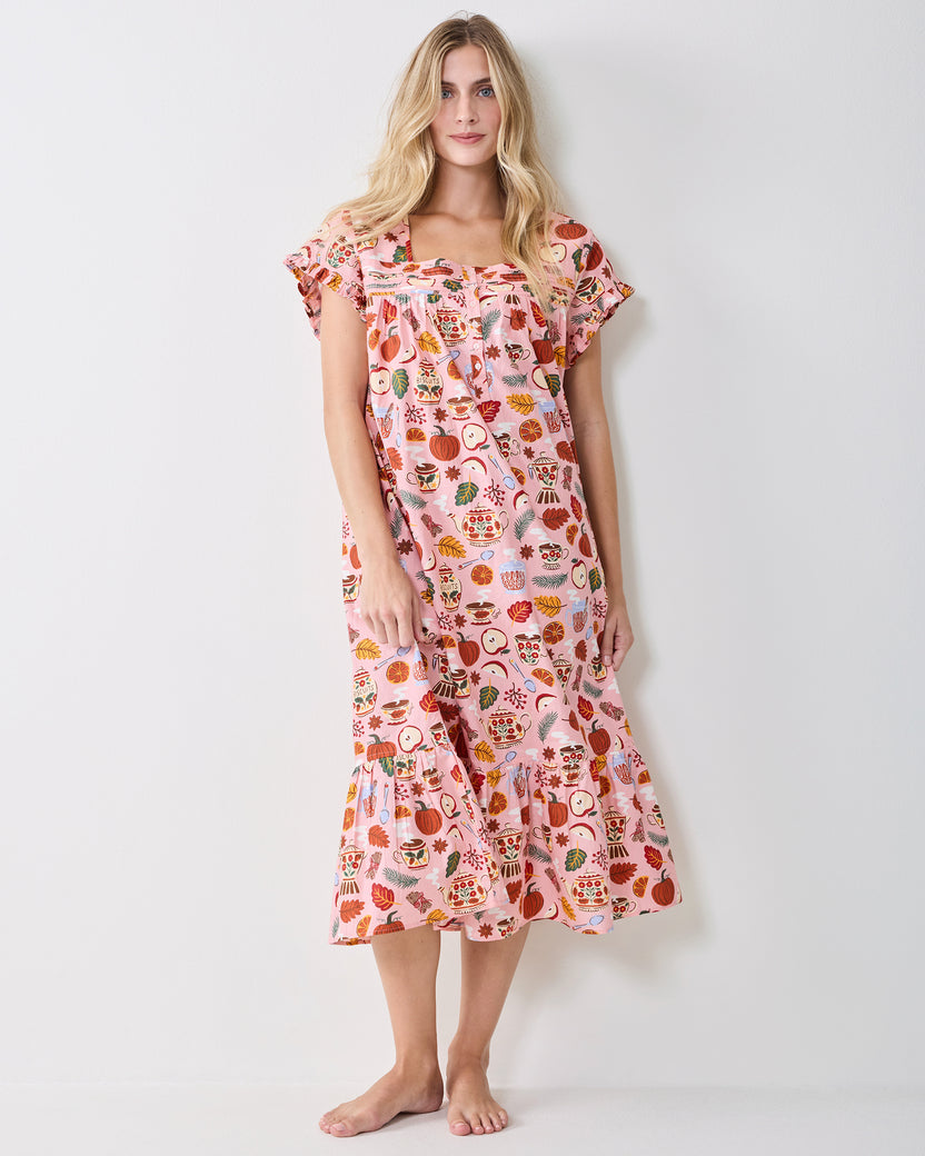 Front full-length view of the Autumn Cafe nightgown with short ruffled sleeves, button front, and ruffled midi hem.