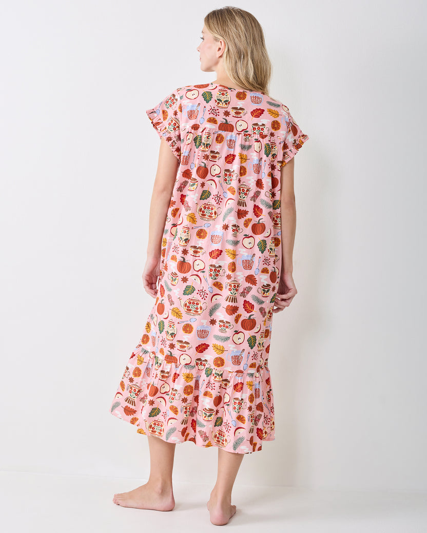 Back full-length view of the Autumn Cafe nightgown with short ruffled sleeves, gathered back yoke, and ruffled midi hem.