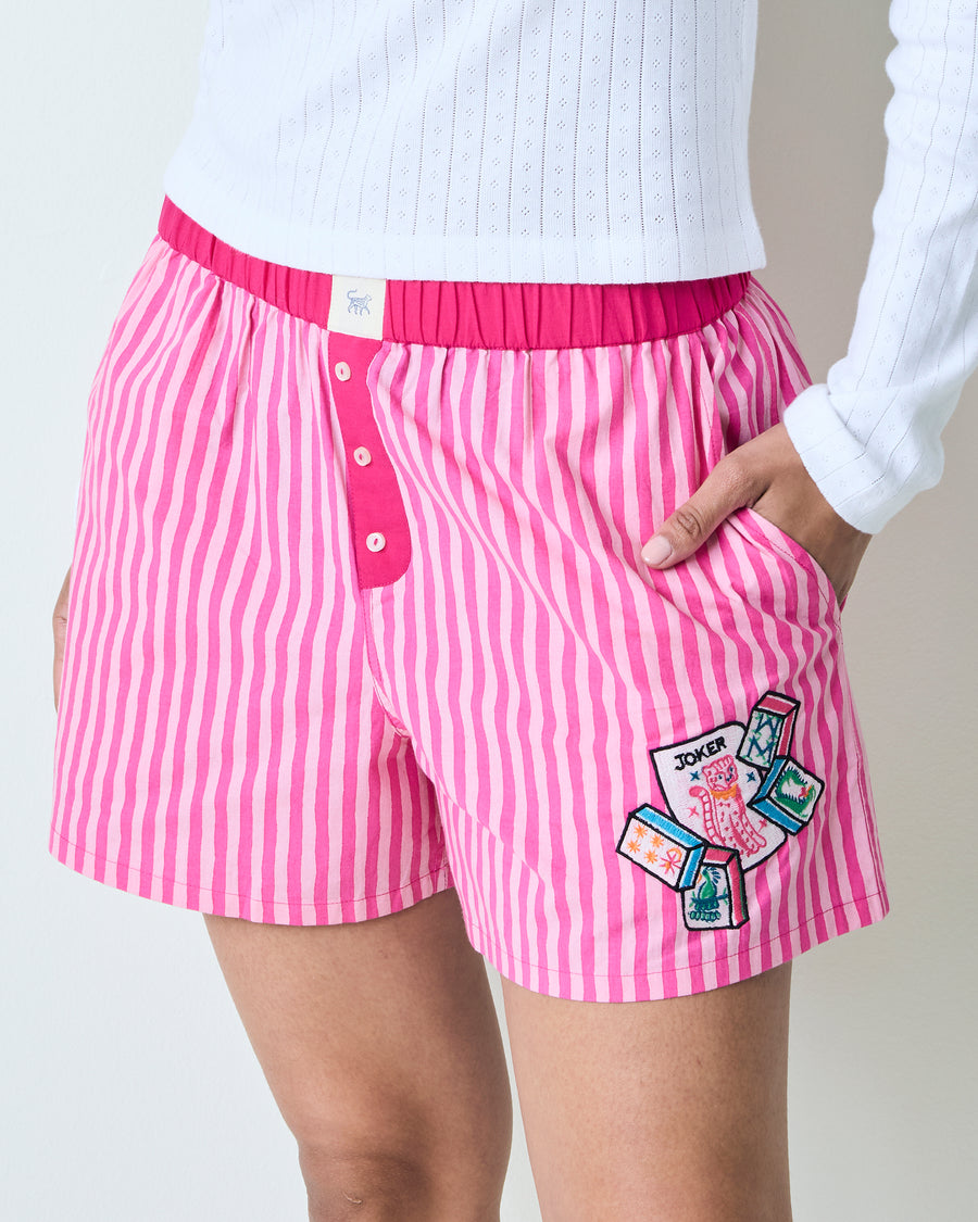 Lucky Tile Embroidery - Eloise Boxers - Hot Pink