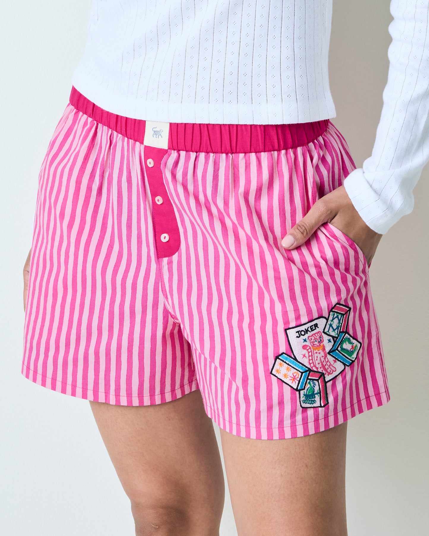 Lucky Tiles Embroidery - Eloise Boxers - Hot Pink