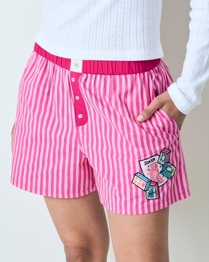 Lucky Tiles Embroidery - Eloise Boxers - Hot Pink