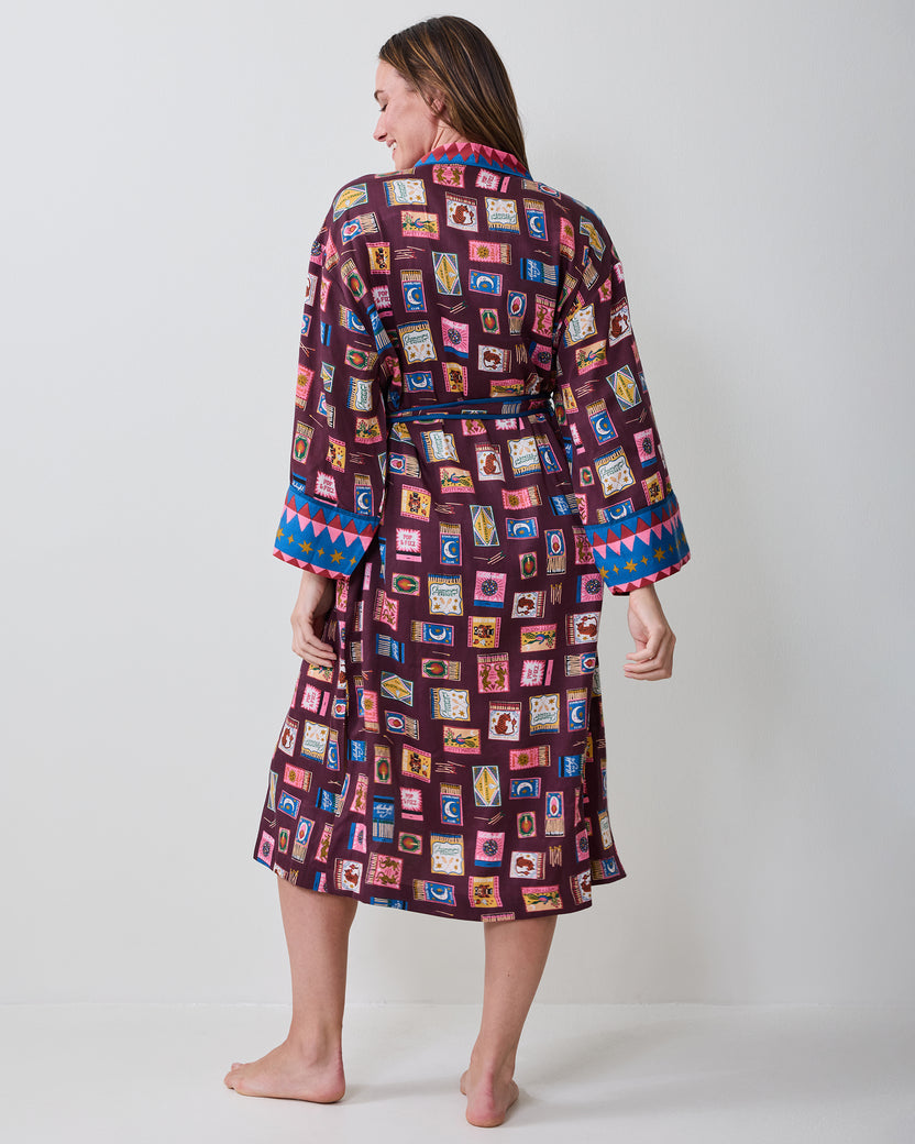 Back view of the Cabernet Painted Matchbook robe, showing the all-over matchbook print, belted waist, long sleeves, and contrasting cuffs.