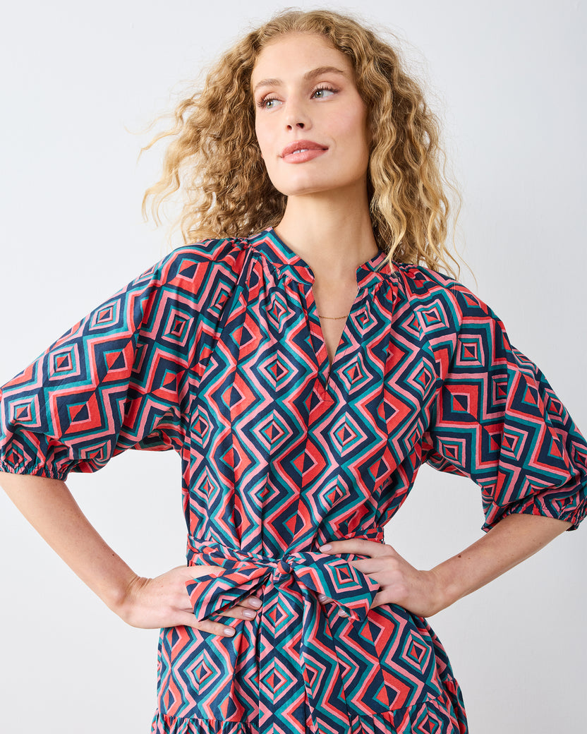 Kaleidoscope Diamond - Caroline Dress - Navy/Red - Printfresh