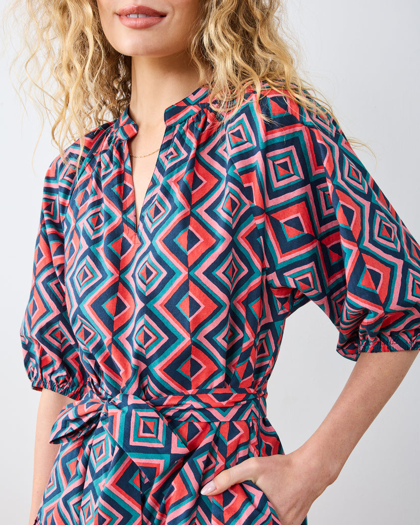 Kaleidoscope Diamond - Caroline Dress - Navy/Red - Printfresh