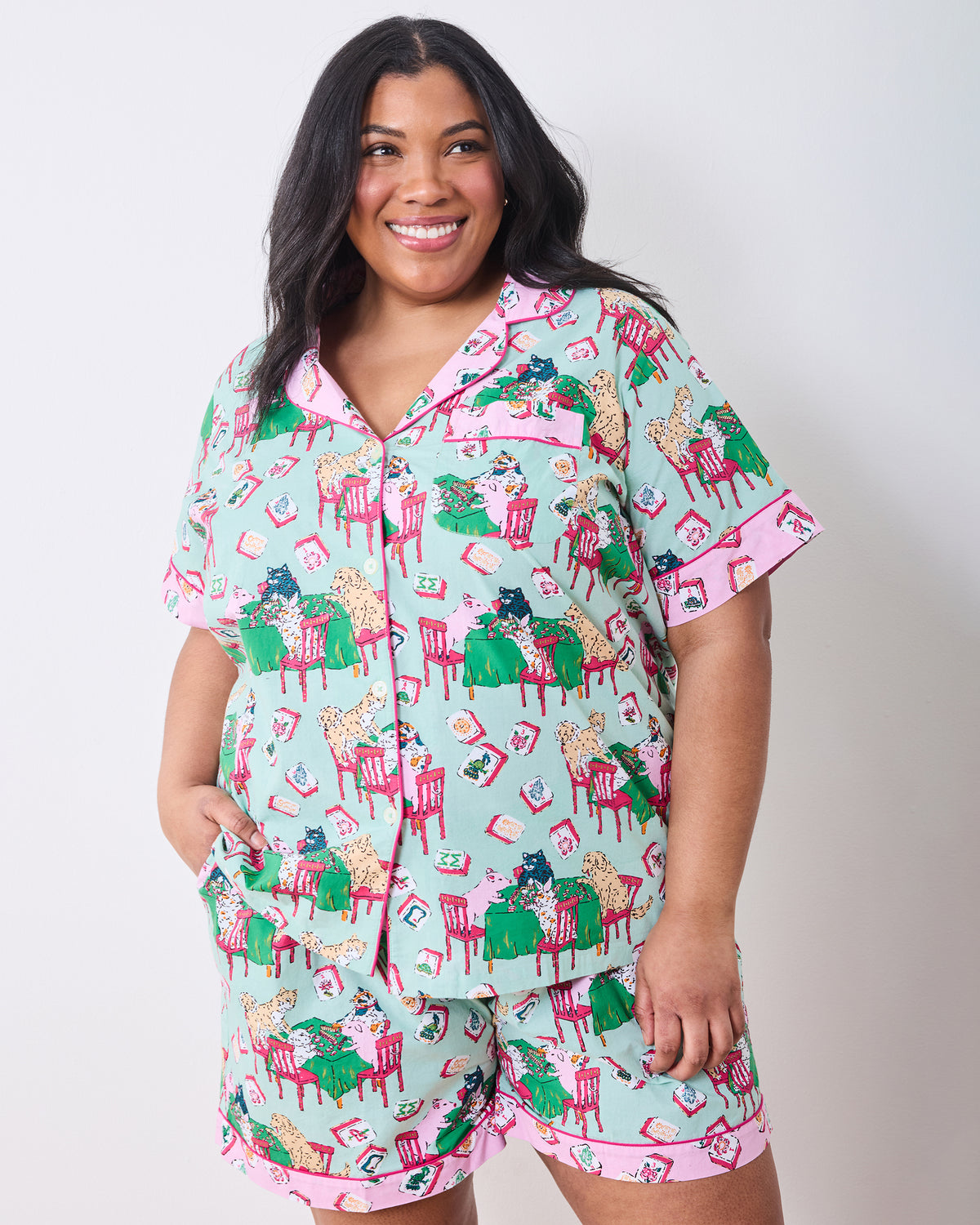 Mah Jongg Menagerie - Short PJ Set - Pale Jade - Printfresh