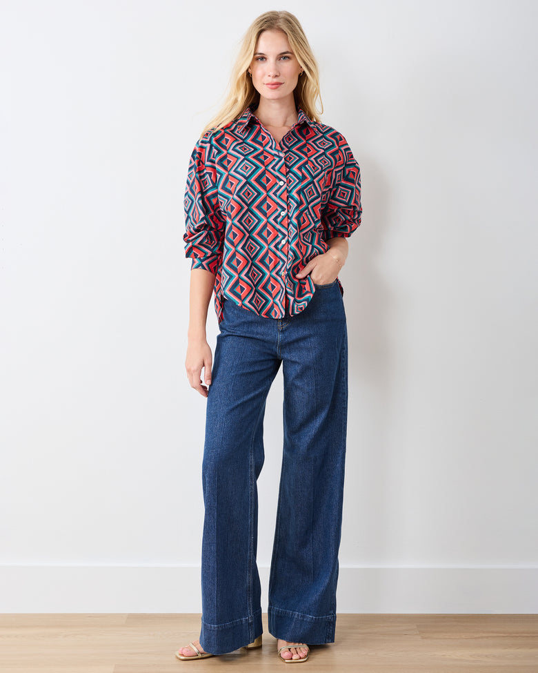 Kaleidoscope Diamond - Cleo Button Down - Navy/Red - Printfresh