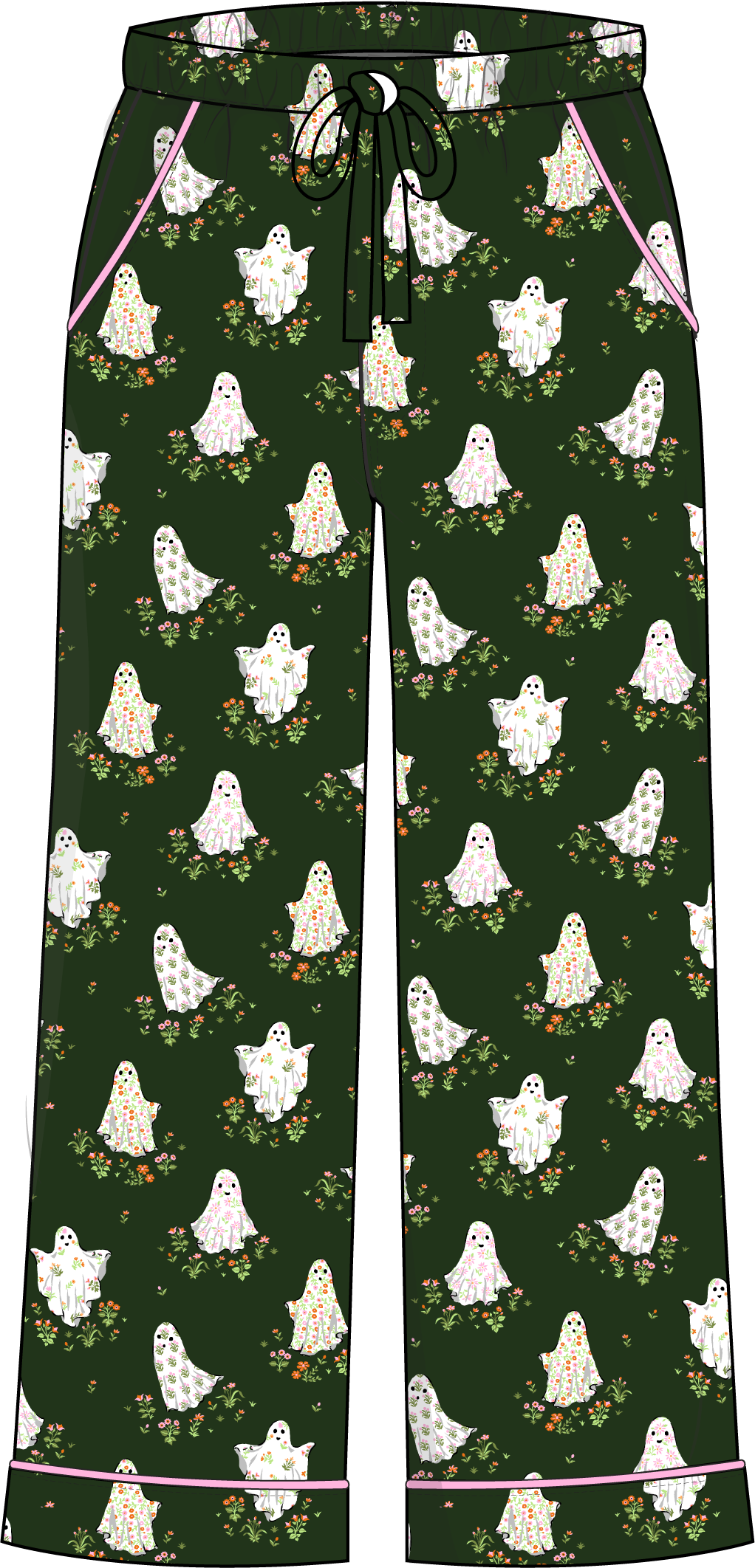 Flat product illustration of dark green pajama pants covered with small floral ghost prints, pink piping, and a drawstring waist.