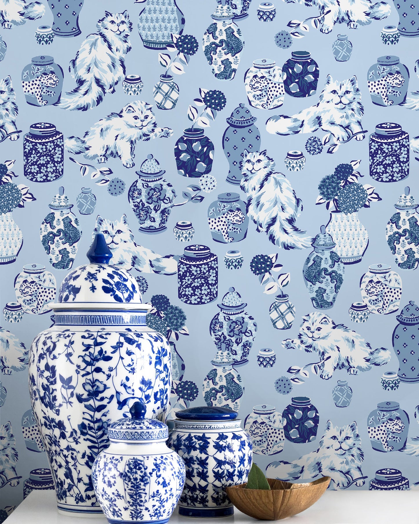 Fancy Cats - Peel & Stick Wallpaper - Blue - Printfresh