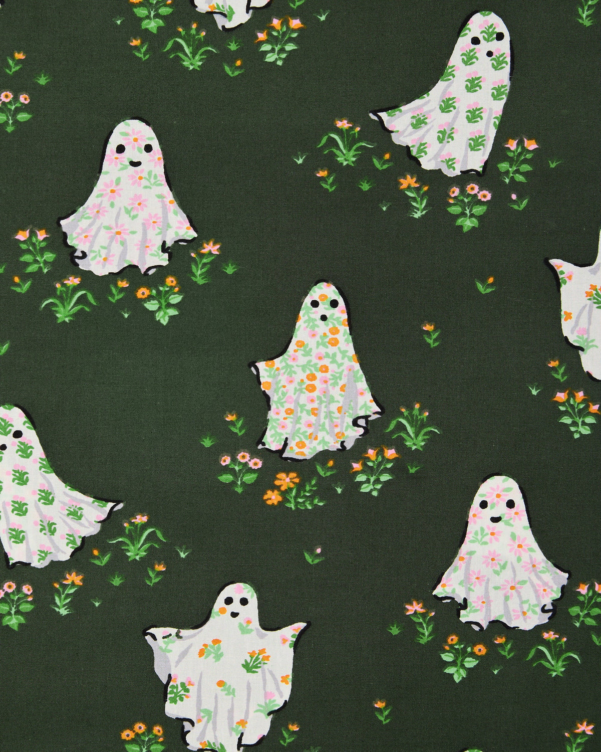 Close-up of the Gardening Ghosts pajama pants print showing patterned ghosts surrounded by small flowers and greenery.