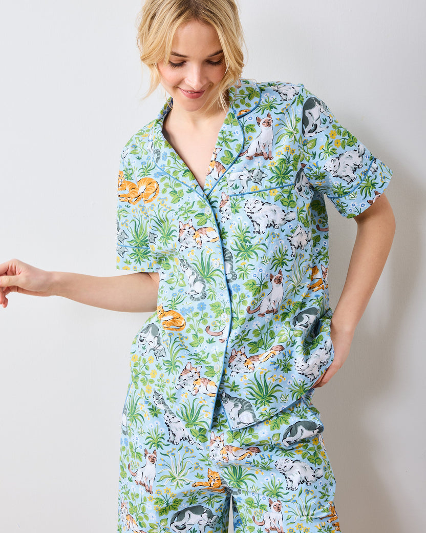 Must Love Cats - Short Sleeve Top & Cropped Pants Set  - Cornflower - Printfresh