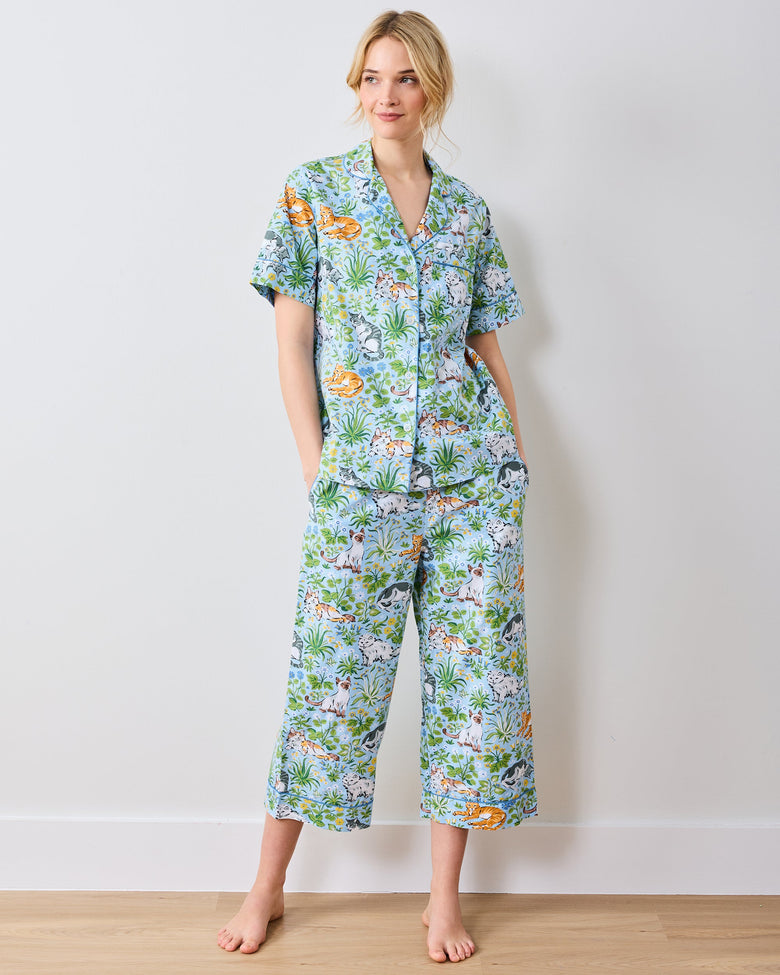 Must Love Cats - Short Sleeve Top & Cropped Pants Set  - Cornflower - Printfresh
