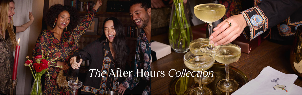 Split banner showing people socializing with drinks and a close-up of coupe glasses on a table, with the text “The After Hours Collection.”