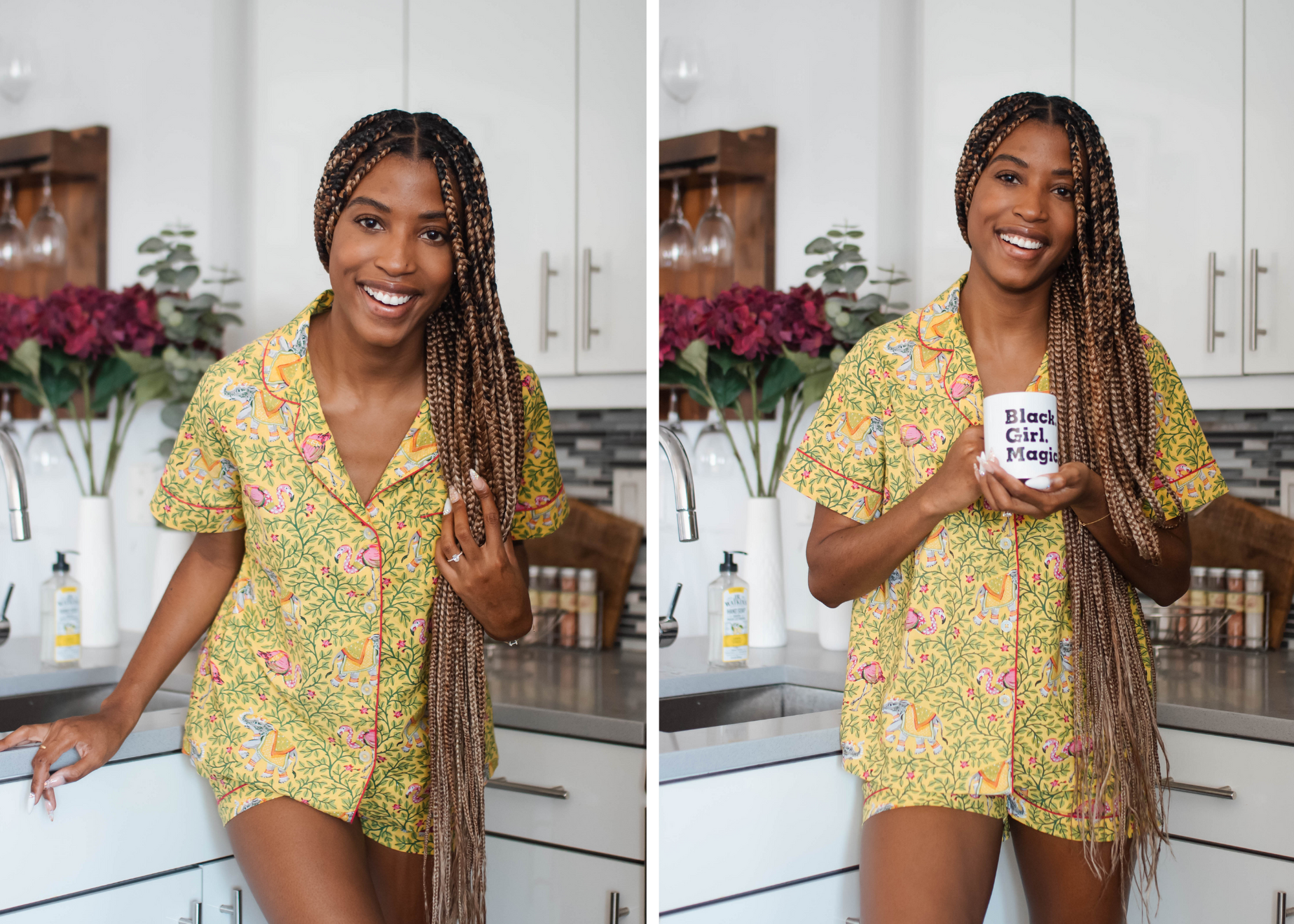 Aisha wears the <u><a href="https://printfresh.com/collections/flamenco/products/flamenco-short-sleep-set-dandelion" target="_blank">Flamenco Short Sleep Set in Dandelion</a></u> 
