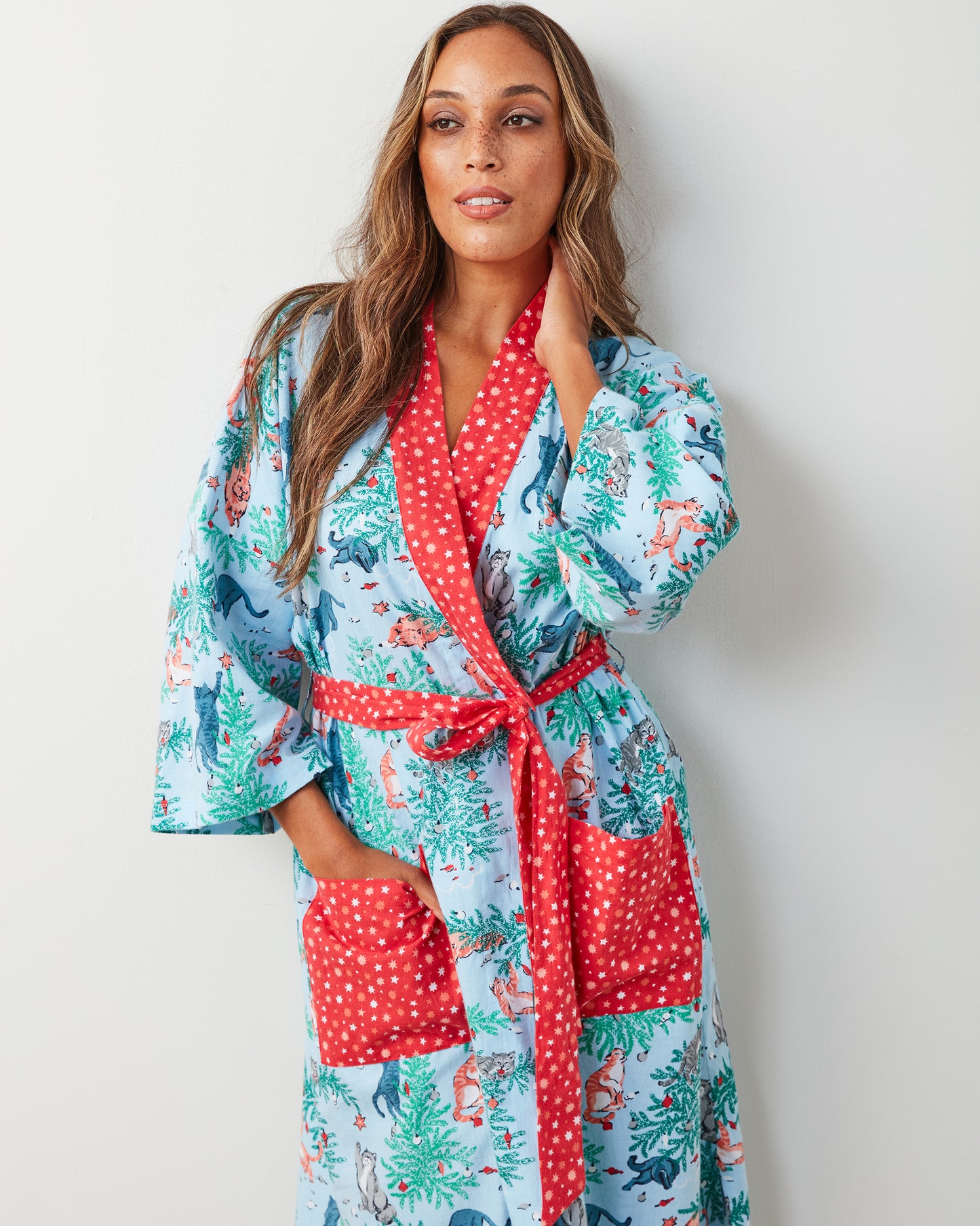 Frisky Firs - Lightweight Flannel Robe - Twinkling Blue - Printfresh