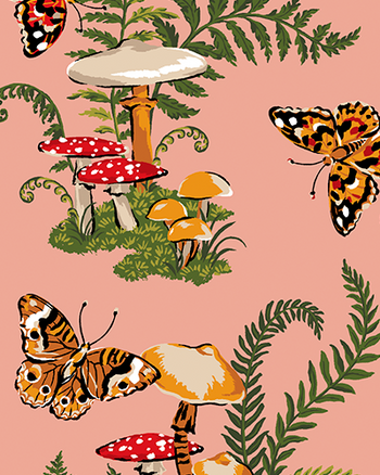 Rosewood Butterfly Forager print swatch showing butterflies, mushrooms, foliage, and a pink background.