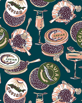 Repeating illustrated pattern featuring caviar tins, shells, spoons, and champagne glasses on a dark blue background.