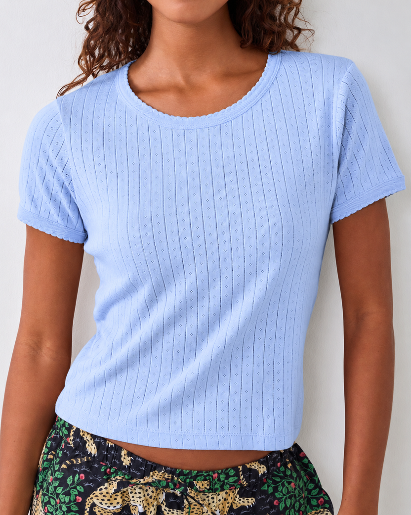 Misty blue pointelle knit short-sleeve tee with scalloped trim