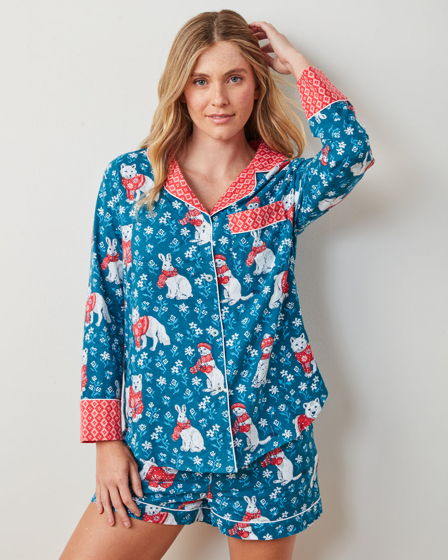 Bundled Up - Lightweight Flannel Long Sleeve Top & Shorts Set - Navy - Printfresh