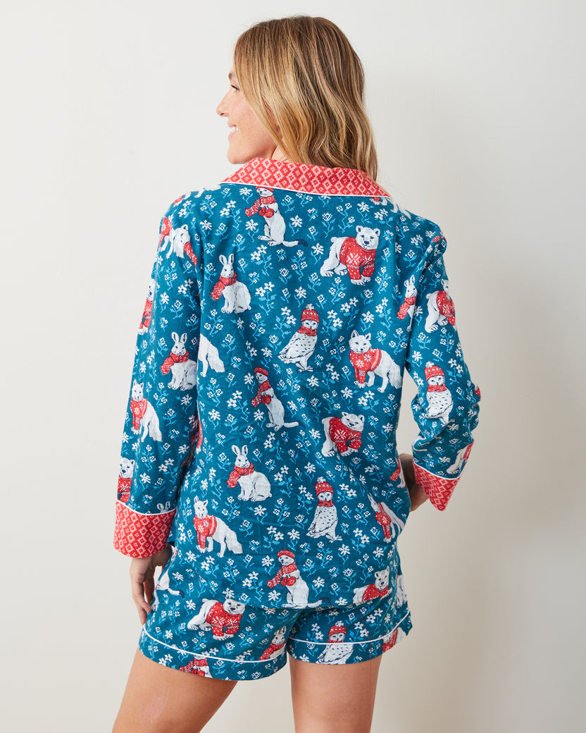Bundled Up - Lightweight Flannel Long Sleeve Top & Shorts Set - Navy - Printfresh