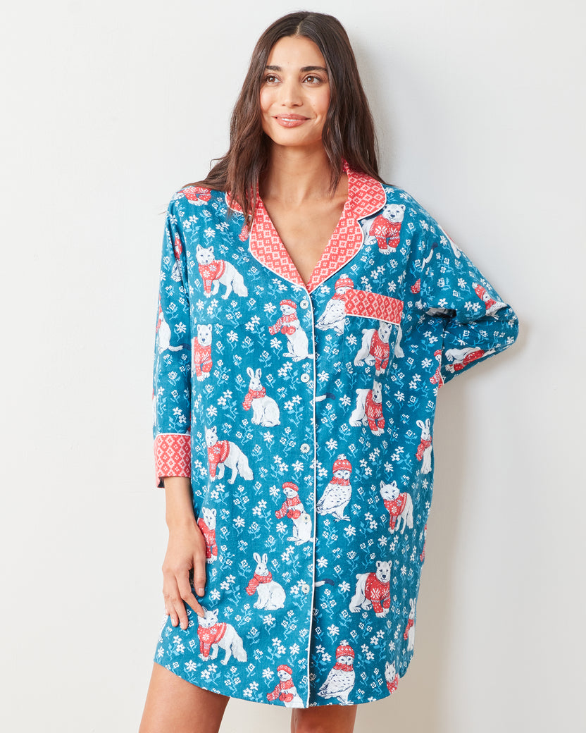 Bundled Up - Lightweight Flannel Sleep Shirt - Navy - Printfresh