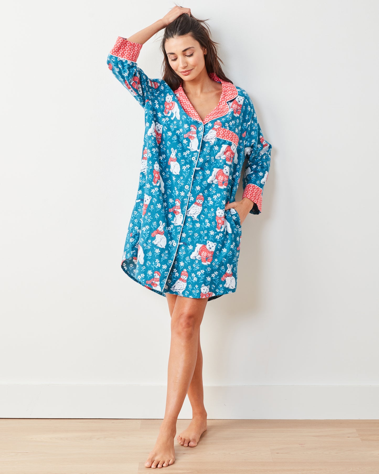 Bundled Up - Lightweight Flannel Sleep Shirt - Navy - Printfresh