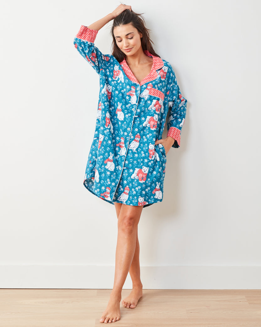 Bundled Up - Lightweight Flannel Sleep Shirt - Navy - Printfresh