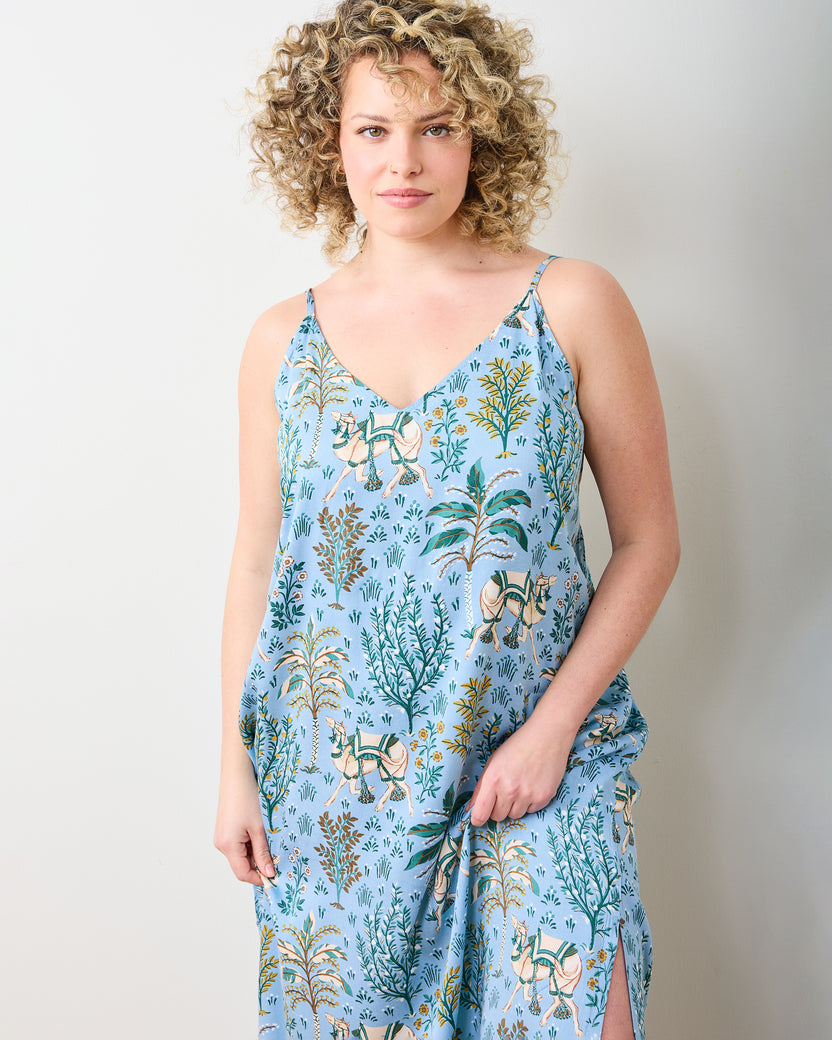 Camel's Courtyard - Eco Satin Chic To Sleep Nightie - Slate Blue - Printfresh