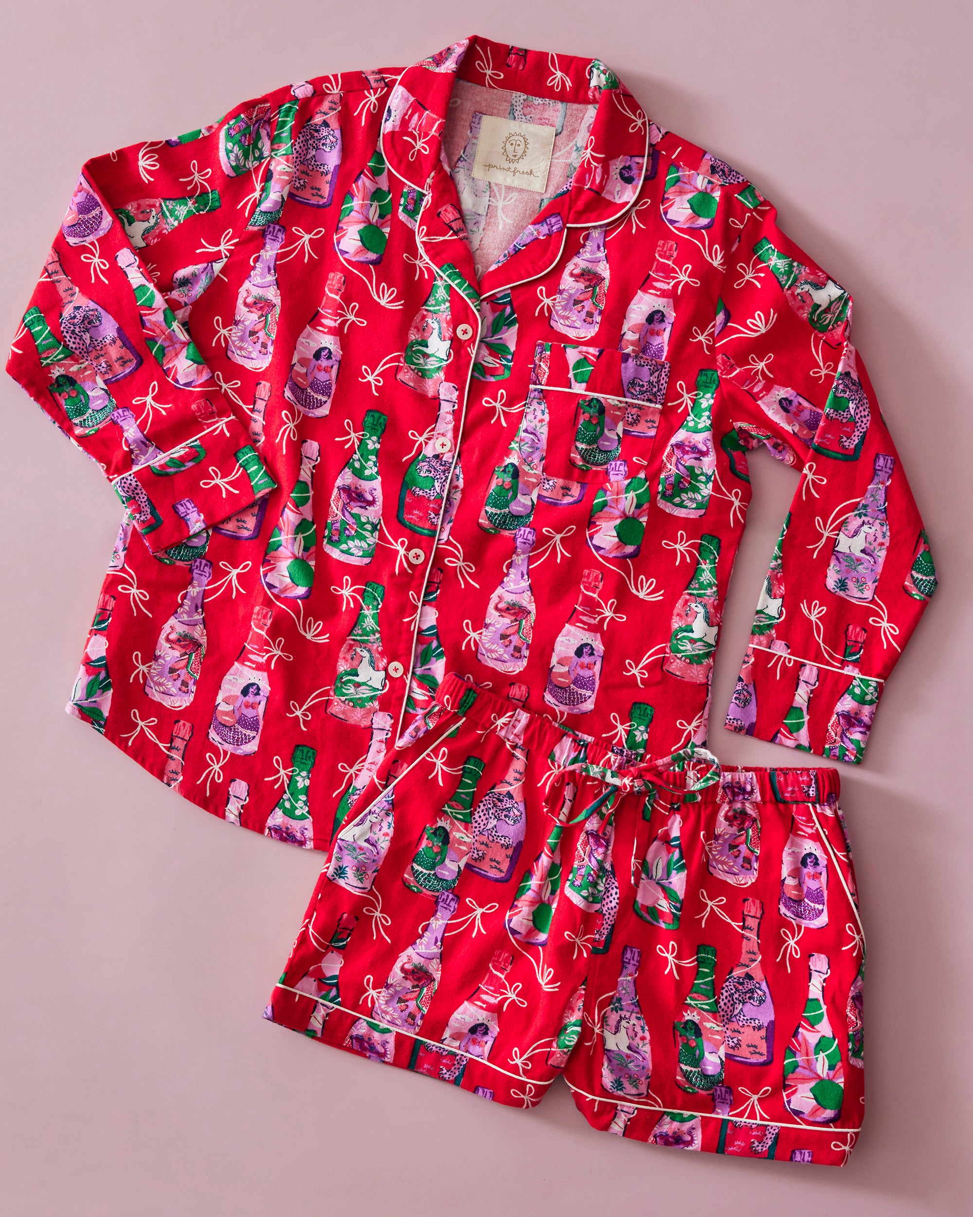Pop the Bubbly - Brushed Twill Long Sleeve Top & Shorts Set - Red Stocking - Printfresh