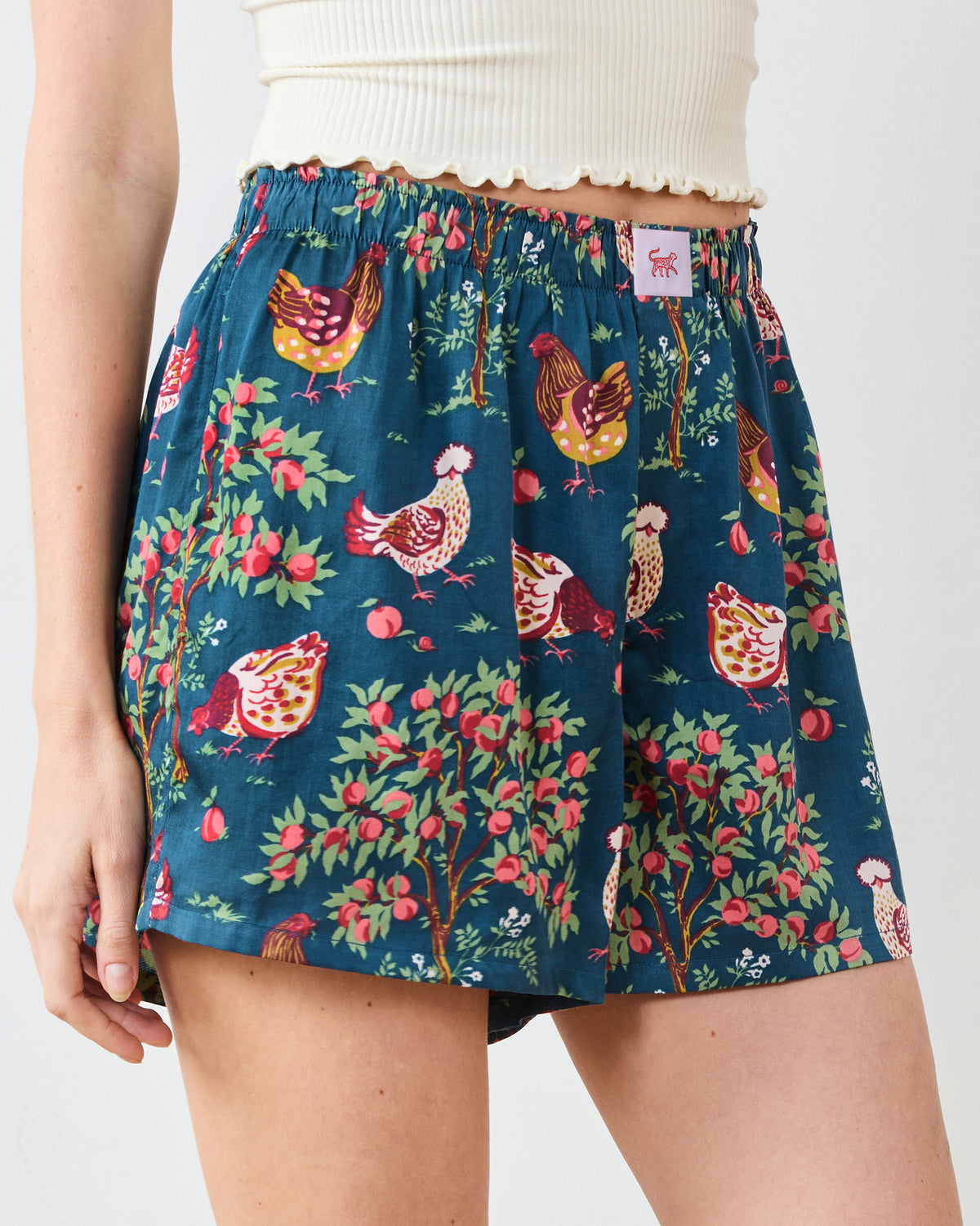 Close-up front view of navy boyfriend boxer shorts with a colorful chicken and garden print, showing the elastic waistband and front fly.