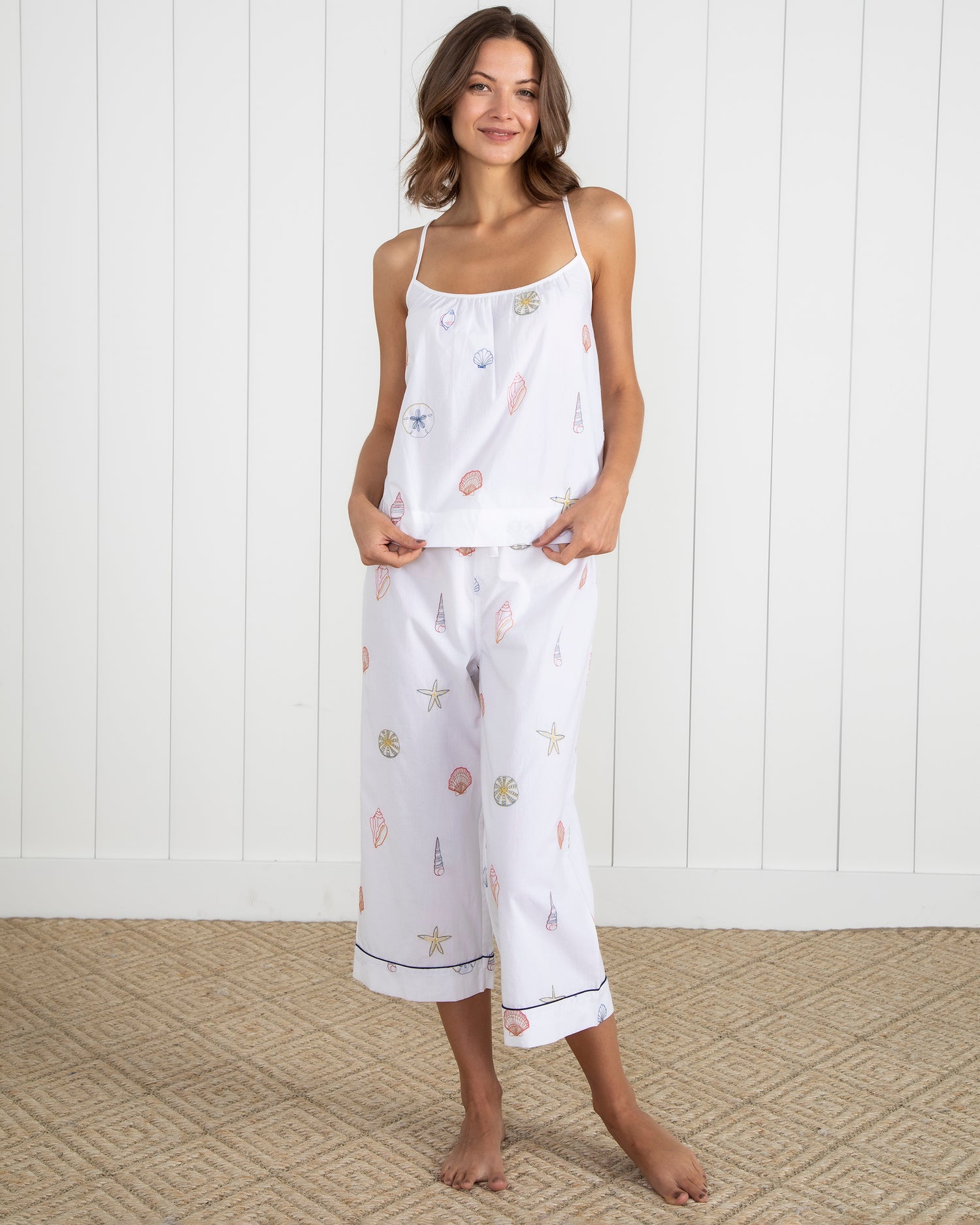 Embroidered Shells - Cami Cropped Pants Set - Sand - Printfresh