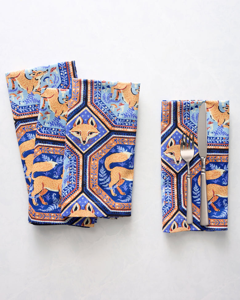 Fancy Fox - Dinner Napkins Set Of 4 - French Blue - Printfresh
