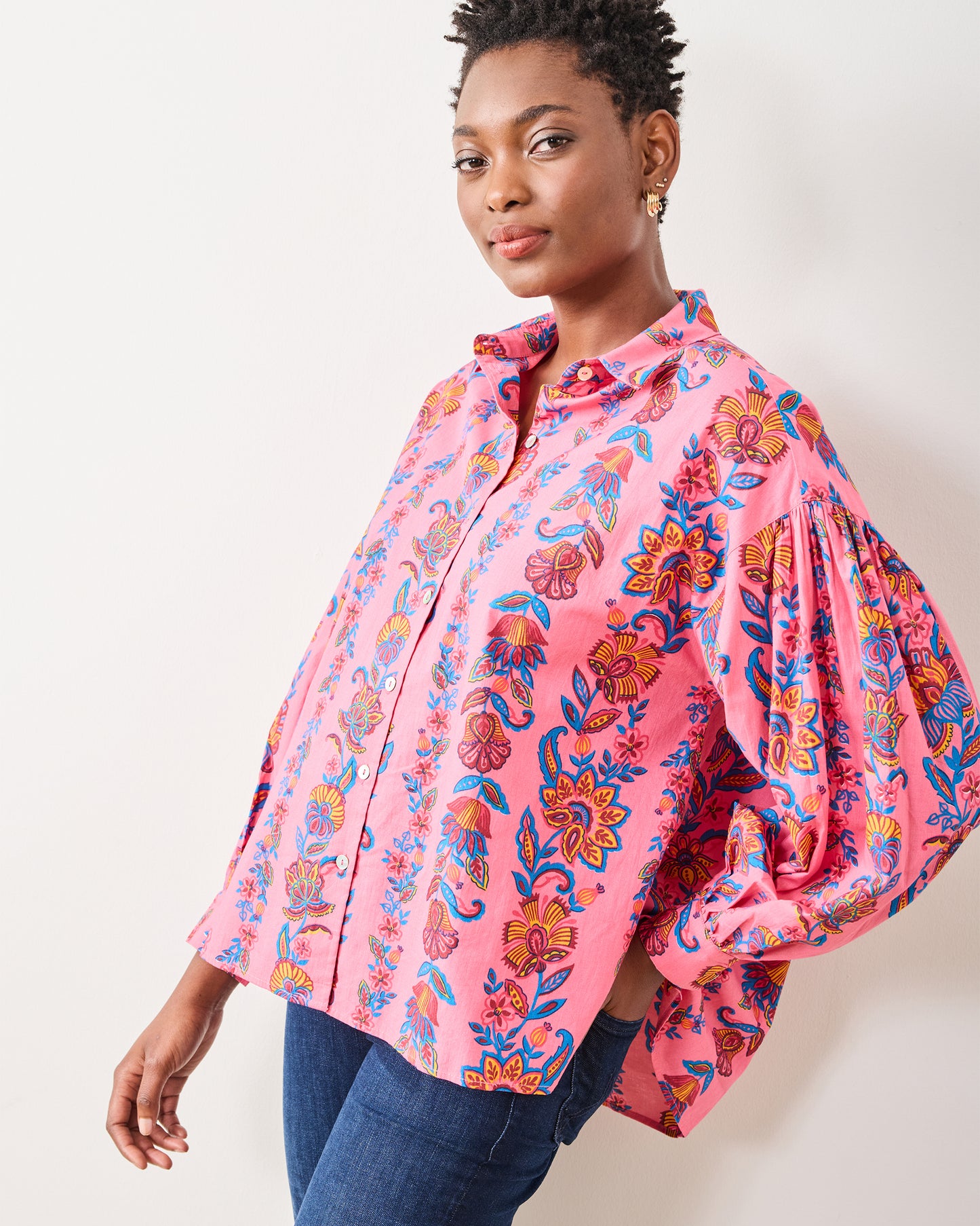 Folklore Flowers - Shelby Button Down - Bright Rose - Printfresh