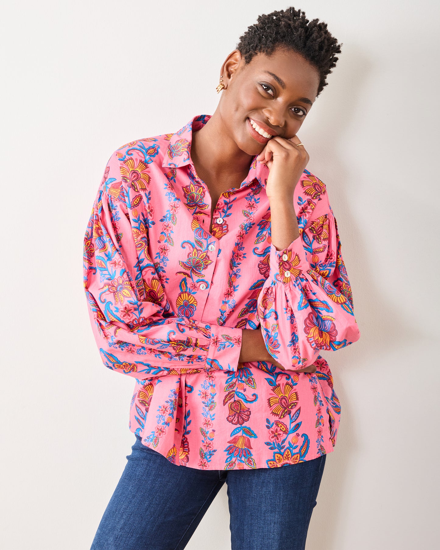 Folklore Flowers - Shelby Button Down - Bright Rose - Printfresh