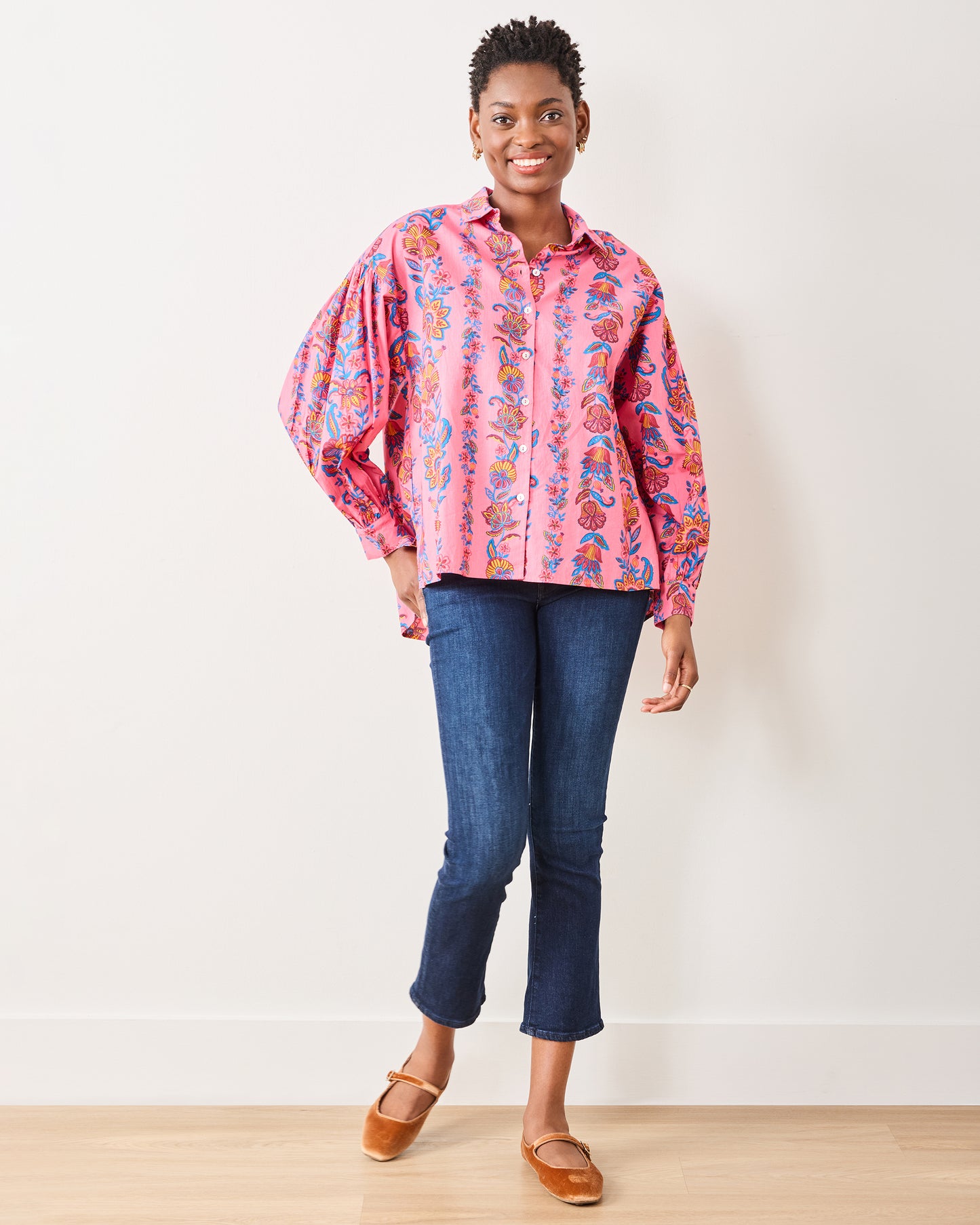 Folklore Flowers - Shelby Button Down - Bright Rose - Printfresh