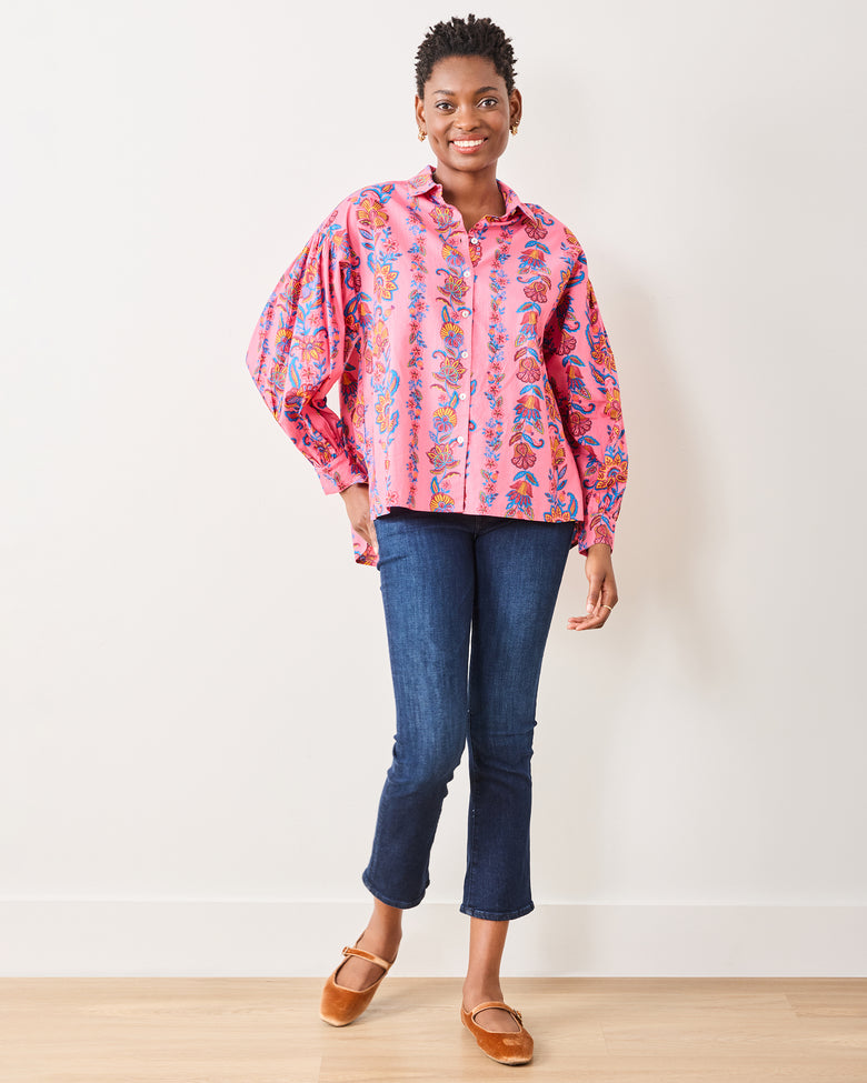 Folklore Flowers - Shelby Button Down - Bright Rose - Printfresh