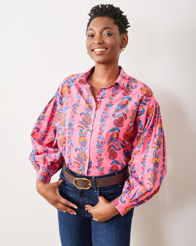 Folklore Flowers - Shelby Button Down - Bright Rose - Printfresh