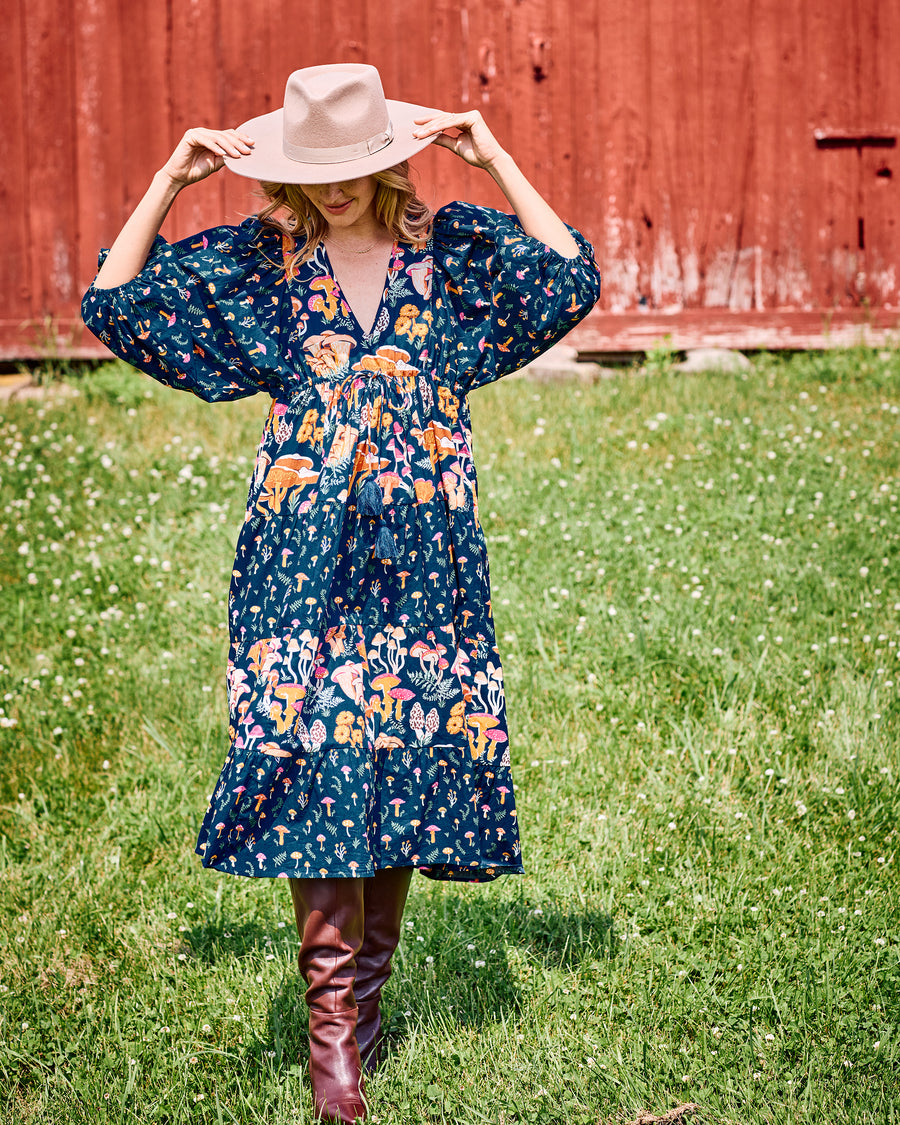 Mushroom Medley - Clementine Dress - Navy - Printfresh