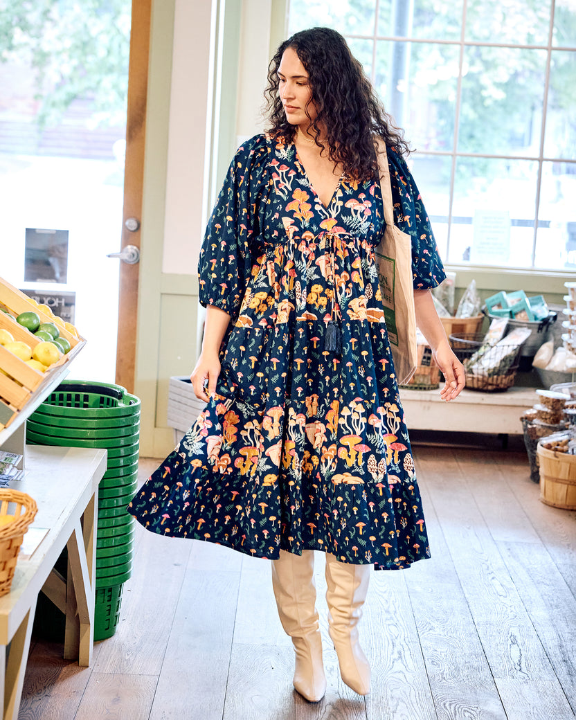 Mushroom Medley - Clementine Dress - Navy - Printfresh