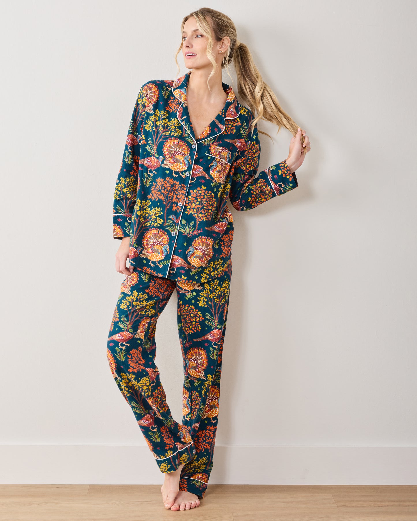 Turkey Trot - Lightweight Flannel Long PJ Set - Midnight Navy - Printfresh