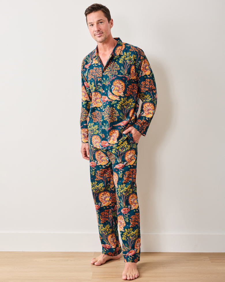 Turkey Trot - Lightweight Flannel Men's Long PJ Set - Midnight Navy - Printfresh